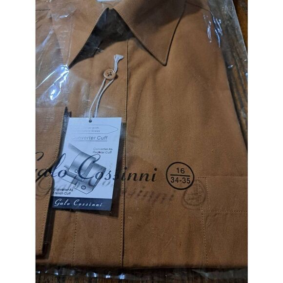 New 34/35 16 Galo Cossinni Brown Long Sleeve Button Dress Shirt with Collar NWT - Picture 2 of 3